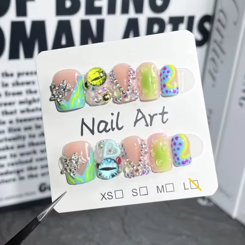 Handmade Short Duckbill Press-On Nails – Full-Cover French Fake Nails with Rhinestone Love & Star Design