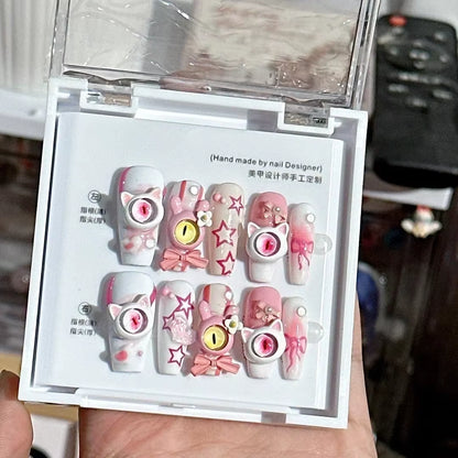 10Pcs Handmade Eye Monster Press-On Nails – Full Cover Wearable Fake Nails for Fun Manicure