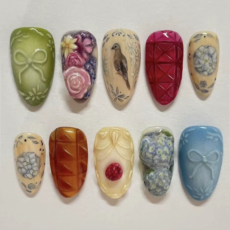 24Pcs Strawberry Flower Almond Press-On Nails – Mid-Length Reusable Fake Nails with Cute Cat, Chicken & Rabbit Designs
