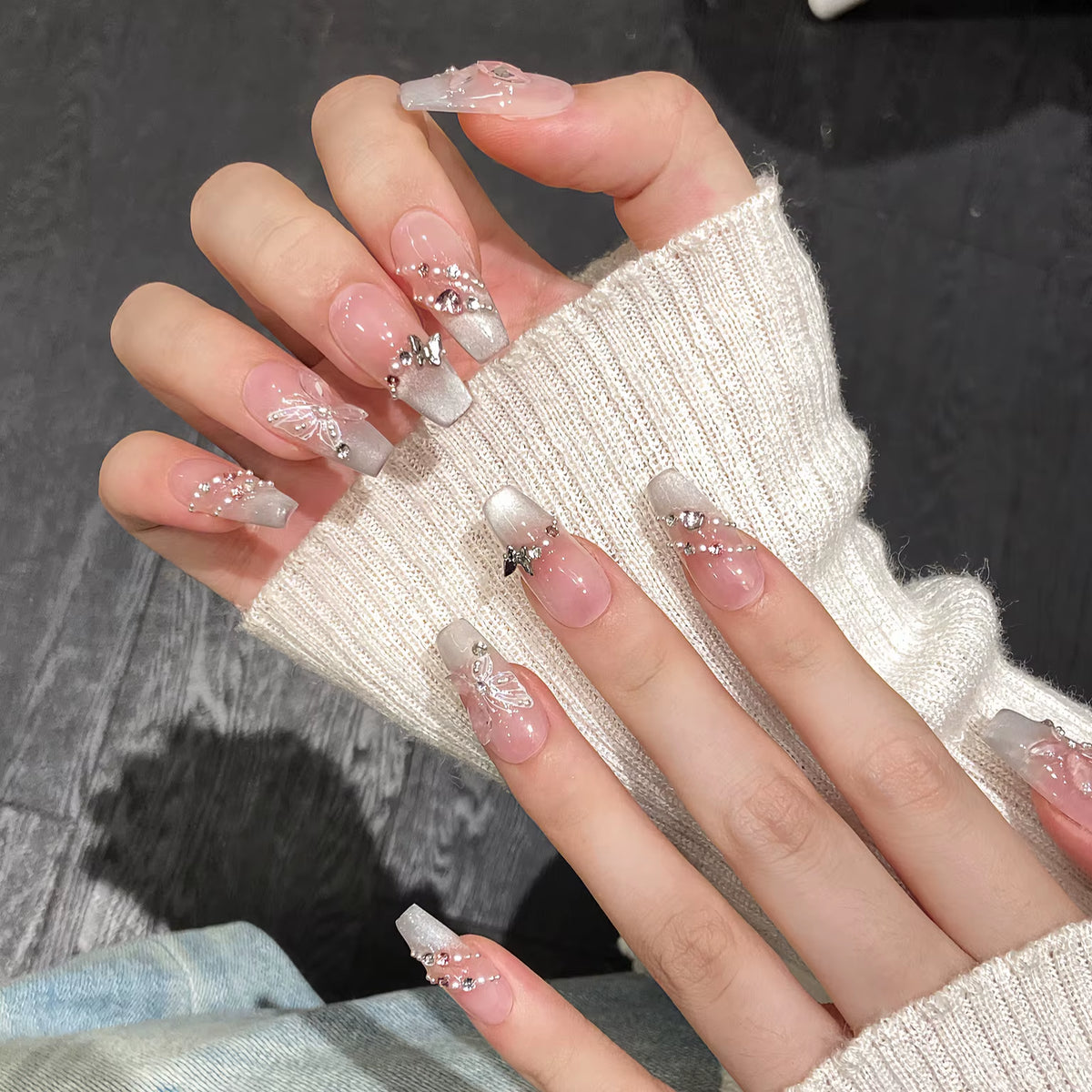 Regal & Reckless Pink Cat’s Eye Press-On Nails – Butterfly French Design (10pcs)