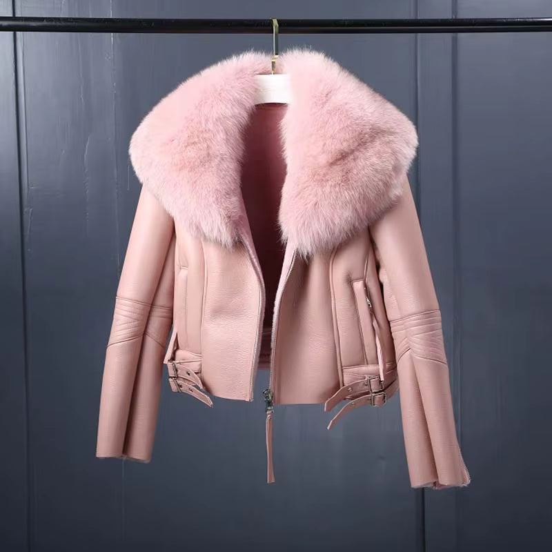 Regal Luxe: Women’s Short Lambskin Leather Coat with Real Fox Fur Collar | Winter Warmth Elevated