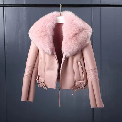 Regal Luxe: Women’s Short Lambskin Leather Coat with Real Fox Fur Collar | Winter Warmth Elevated