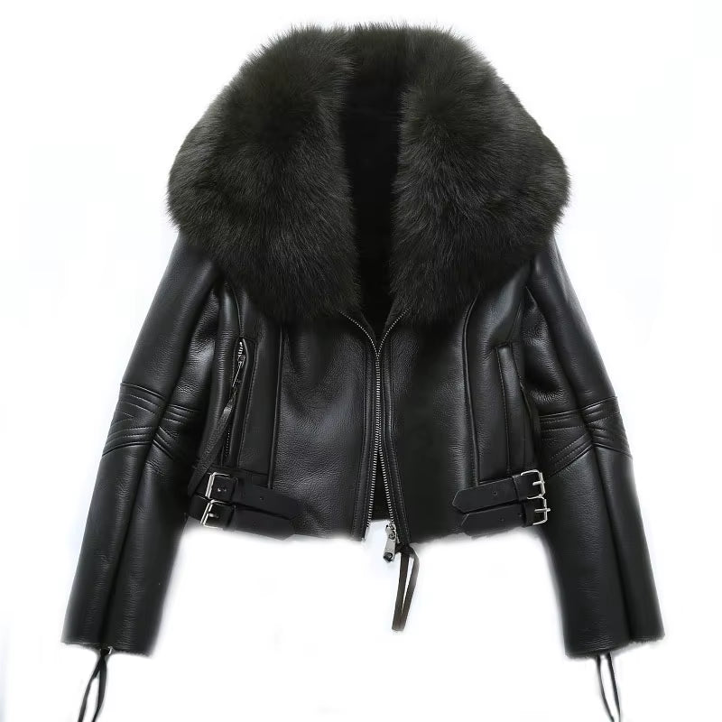 Regal Luxe: Women’s Short Lambskin Leather Coat with Real Fox Fur Collar | Winter Warmth Elevated