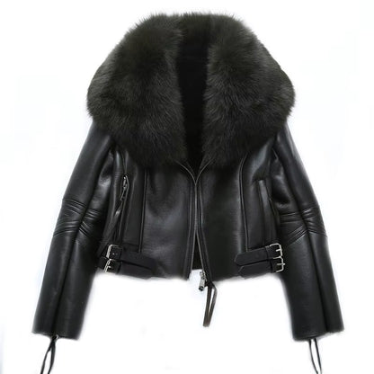 Regal Luxe: Women’s Short Lambskin Leather Coat with Real Fox Fur Collar | Winter Warmth Elevated
