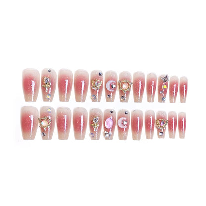 Regal Pink Coffin Nails – Handmade Luxury with Moon & Star Gems
