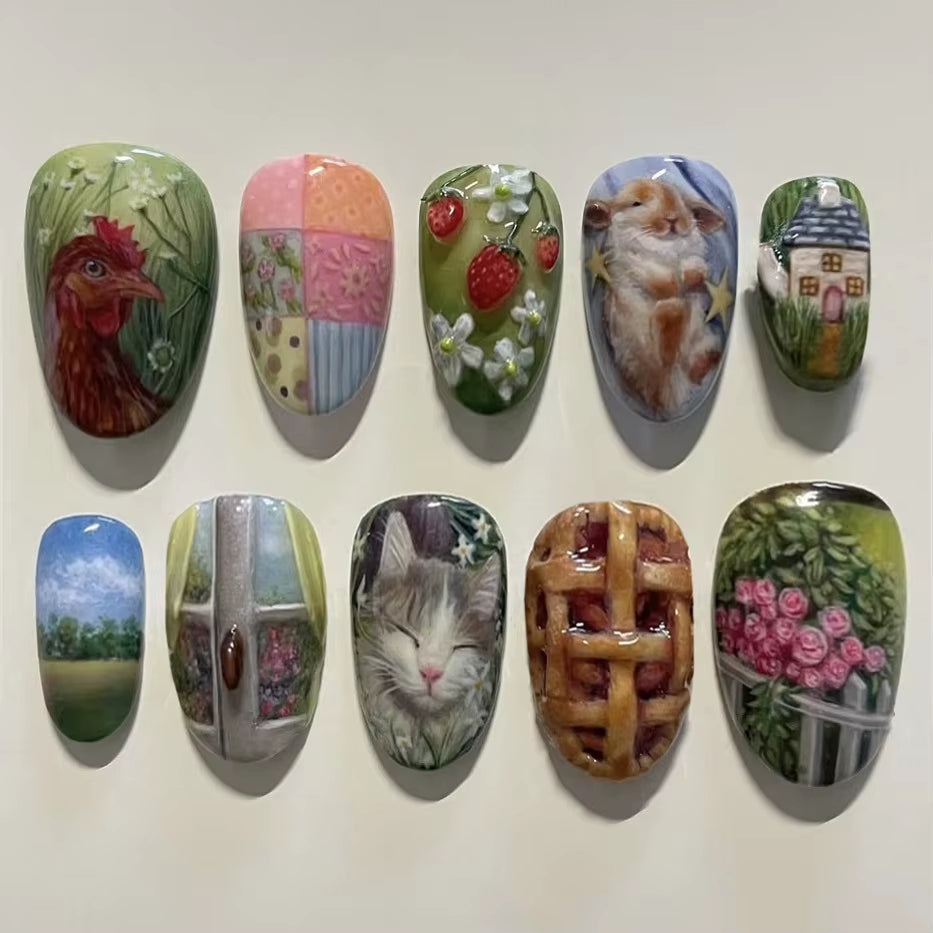 24Pcs Strawberry Flower Almond Press-On Nails – Mid-Length Reusable Fake Nails with Cute Cat, Chicken & Rabbit Designs