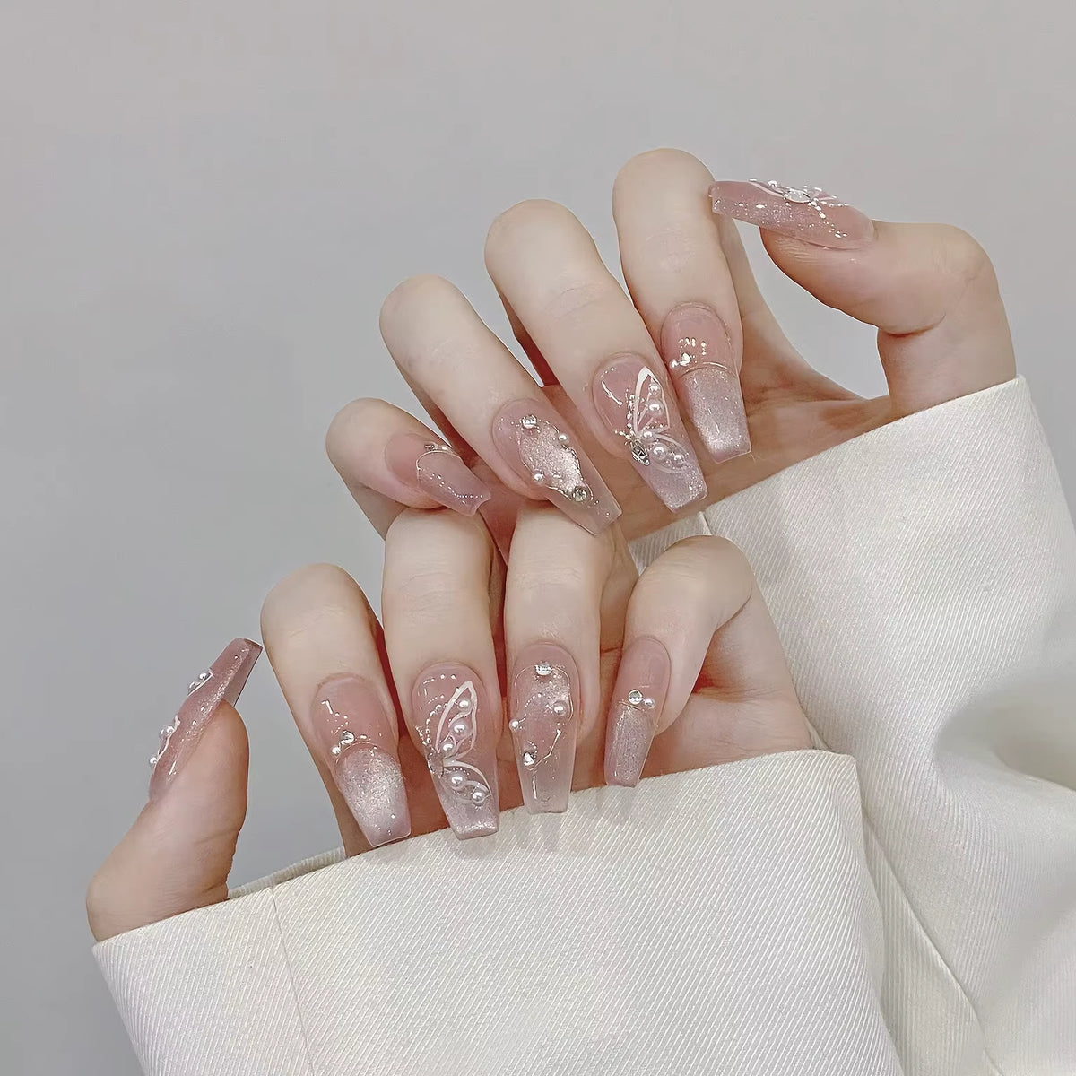 Regal & Reckless Pink Cat’s Eye Press-On Nails – Butterfly French Design (10pcs)