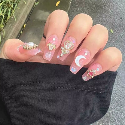 Regal Pink Coffin Nails – Handmade Luxury with Moon & Star Gems