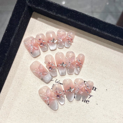 Regal & Reckless Pink Cat’s Eye Press-On Nails – Butterfly French Design (10pcs)