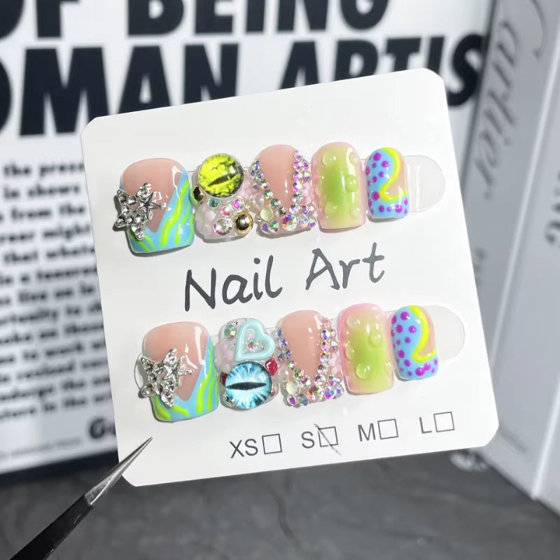 Handmade Short Duckbill Press-On Nails – Full-Cover French Fake Nails with Rhinestone Love & Star Design