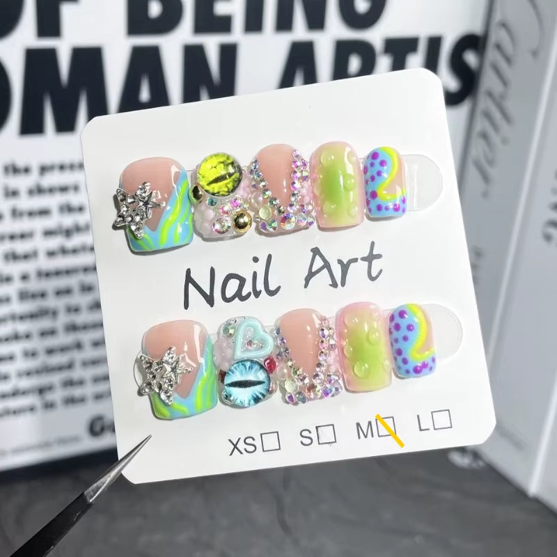 Handmade Short Duckbill Press-On Nails – Full-Cover French Fake Nails with Rhinestone Love & Star Design