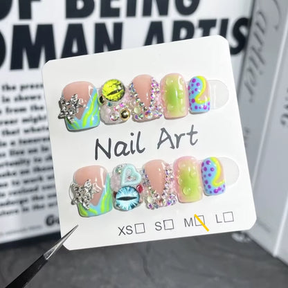 Handmade Short Duckbill Press-On Nails – Full-Cover French Fake Nails with Rhinestone Love & Star Design