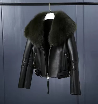 Regal Luxe: Women’s Short Lambskin Leather Coat with Real Fox Fur Collar | Winter Warmth Elevated