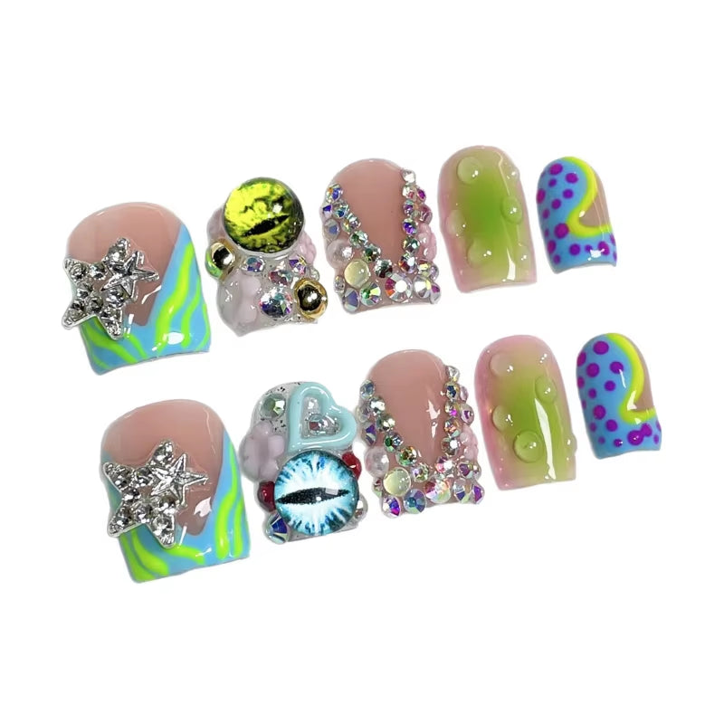 Handmade Short Duckbill Press-On Nails – Full-Cover French Fake Nails with Rhinestone Love & Star Design