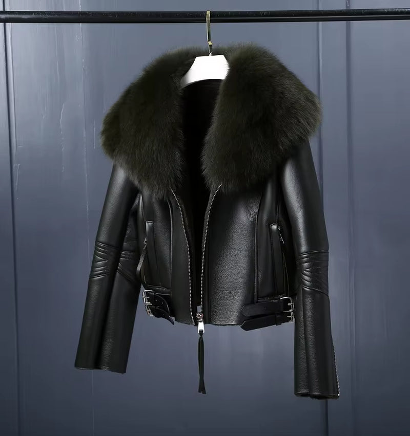 Regal Luxe: Women’s Short Lambskin Leather Coat with Real Fox Fur Collar | Winter Warmth Elevated