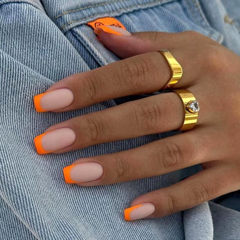 24Pcs Matte Orange French Press-On Nails – Mid-Length Full-Cover Fake Nails, Wearable Artificial Nail Tips for Manicure