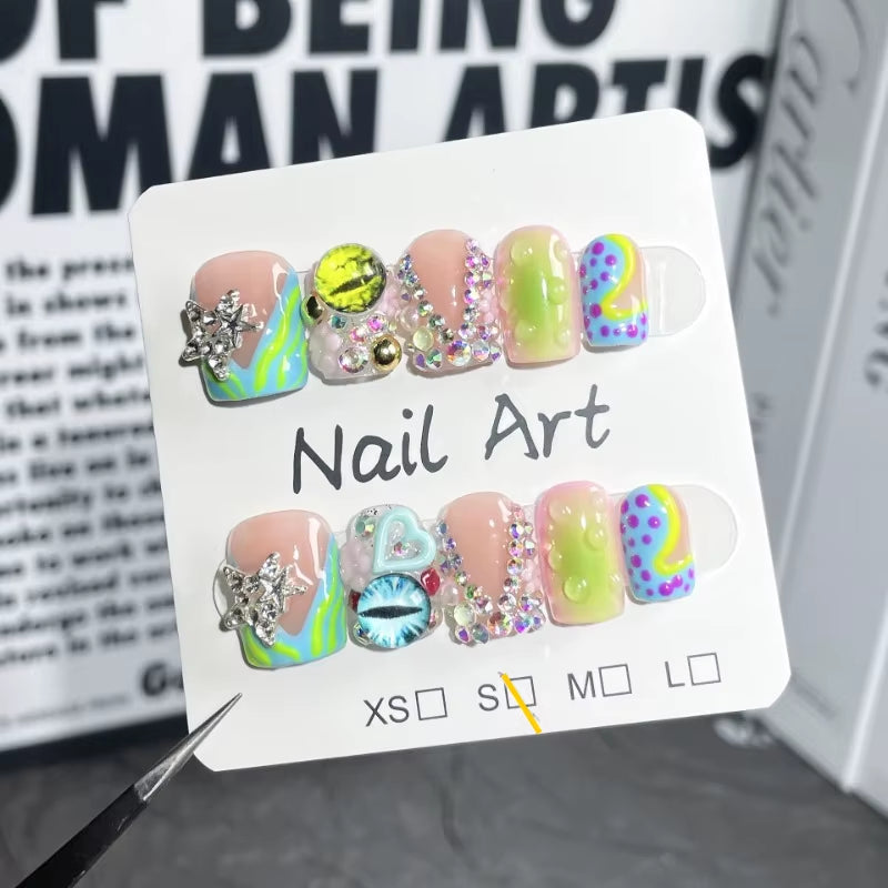 Handmade Short Duckbill Press-On Nails – Full-Cover French Fake Nails with Rhinestone Love & Star Design