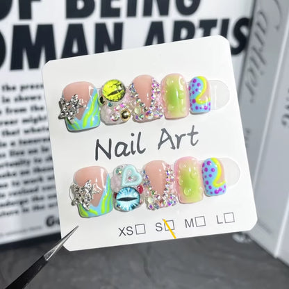 Handmade Short Duckbill Press-On Nails – Full-Cover French Fake Nails with Rhinestone Love & Star Design