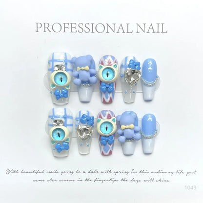 10Pcs Handmade Eye Monster Press-On Nails – Full Cover Wearable Fake Nails for Fun Manicure