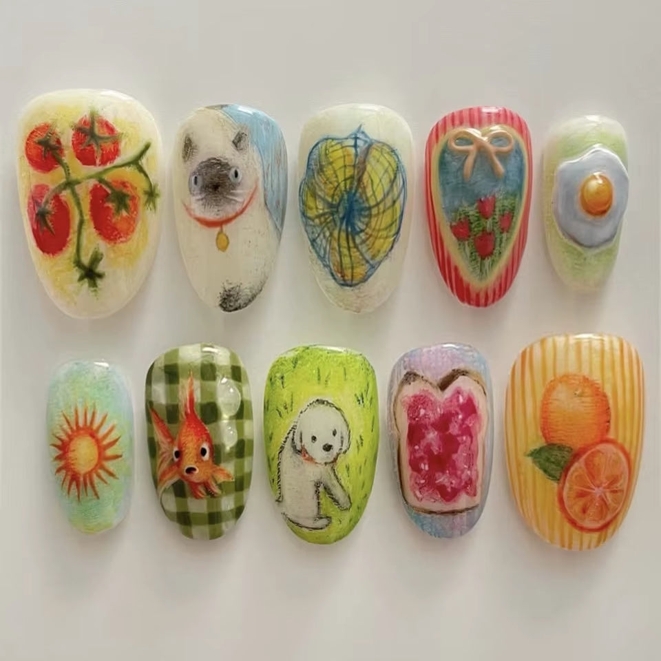 24Pcs Strawberry Flower Almond Press-On Nails – Mid-Length Reusable Fake Nails with Cute Cat, Chicken & Rabbit Designs