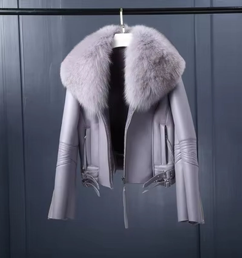 Regal Luxe: Women’s Short Lambskin Leather Coat with Real Fox Fur Collar | Winter Warmth Elevated