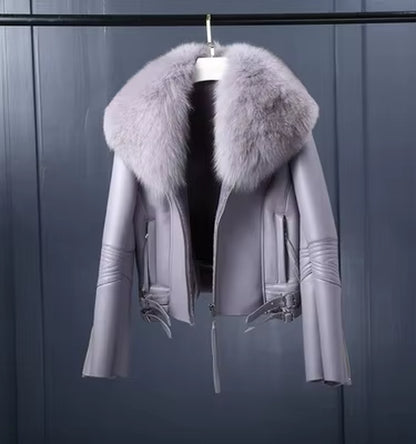 Regal Luxe: Women’s Short Lambskin Leather Coat with Real Fox Fur Collar | Winter Warmth Elevated