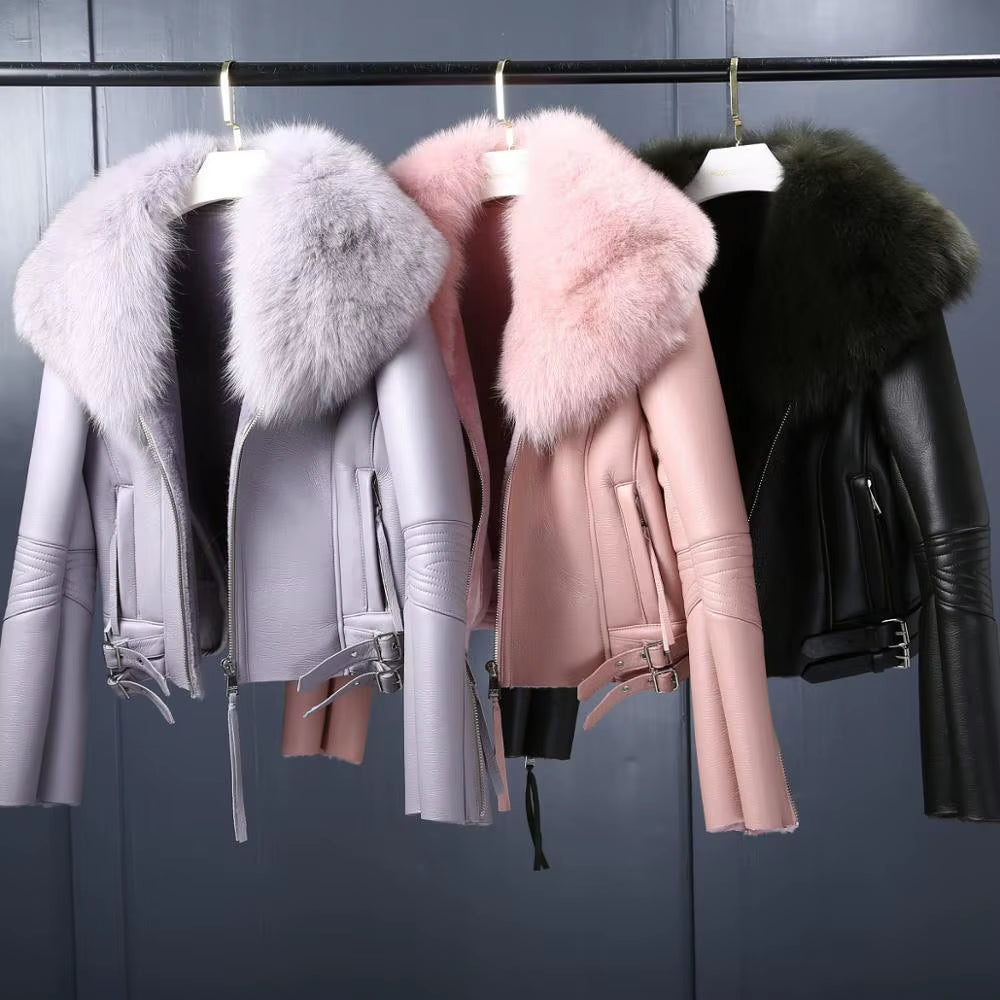 Regal Luxe: Women’s Short Lambskin Leather Coat with Real Fox Fur Collar | Winter Warmth Elevated