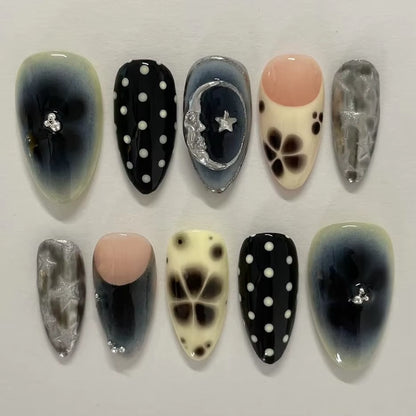 24Pcs Strawberry Flower Almond Press-On Nails – Mid-Length Reusable Fake Nails with Cute Cat, Chicken & Rabbit Designs