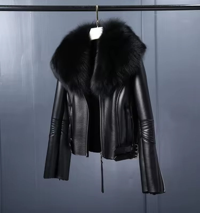 Regal Luxe: Women’s Short Lambskin Leather Coat with Real Fox Fur Collar | Winter Warmth Elevated