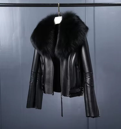 Regal Luxe: Women’s Short Lambskin Leather Coat with Real Fox Fur Collar | Winter Warmth Elevated