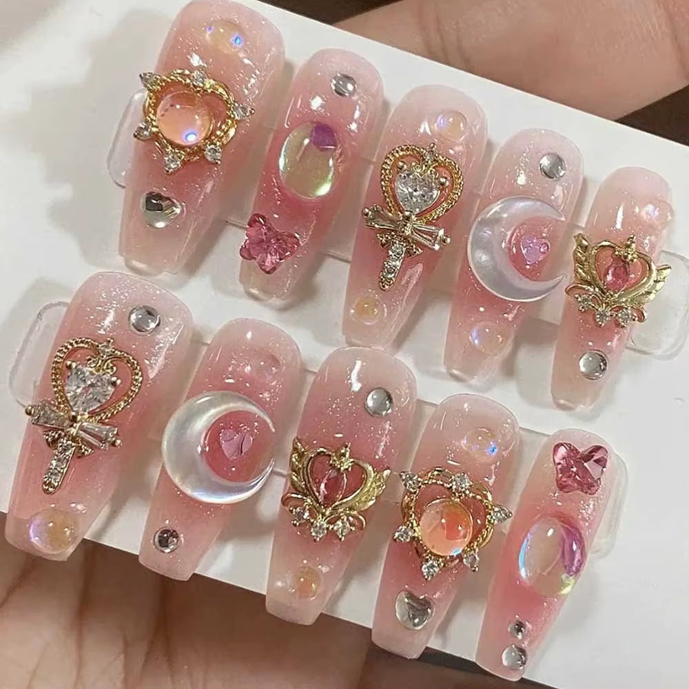 Regal Pink Coffin Nails – Handmade Luxury with Moon & Star Gems