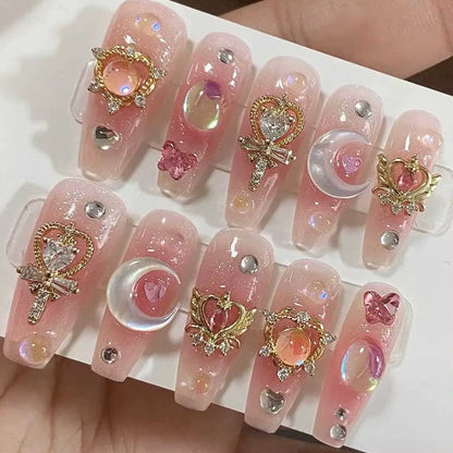 Regal Pink Coffin Nails – Handmade Luxury with Moon & Star Gems