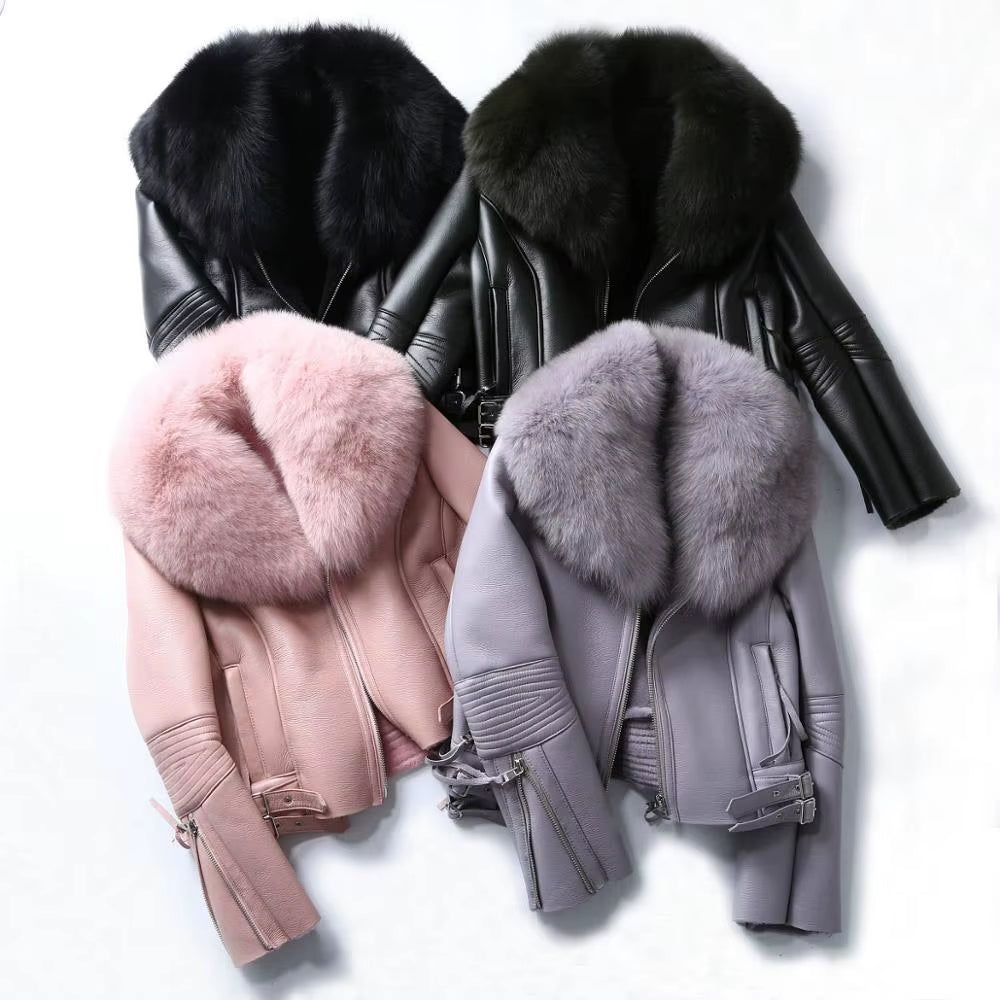 Regal Luxe: Women’s Short Lambskin Leather Coat with Real Fox Fur Collar | Winter Warmth Elevated