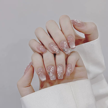 Regal & Reckless Pink Cat’s Eye Press-On Nails – Butterfly French Design (10pcs)