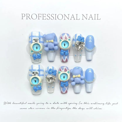 10Pcs Handmade Eye Monster Press-On Nails – Full Cover Wearable Fake Nails for Fun Manicure