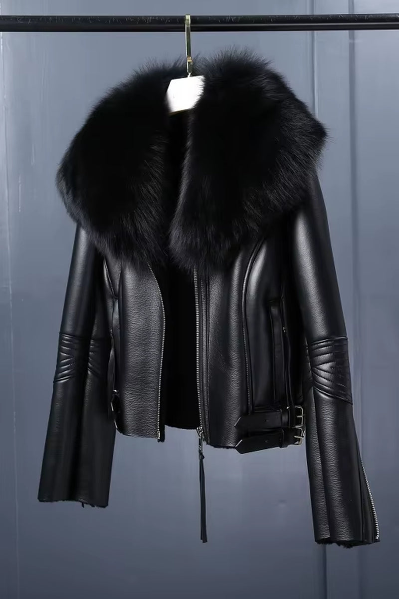 Regal Luxe: Women’s Short Lambskin Leather Coat with Real Fox Fur Collar | Winter Warmth Elevated