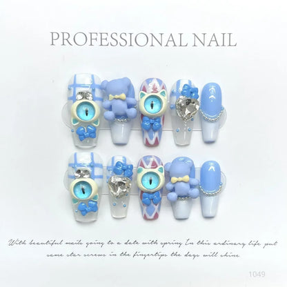 10Pcs Handmade Eye Monster Press-On Nails – Full Cover Wearable Fake Nails for Fun Manicure